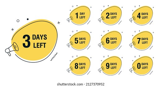 Countdown 1, 2, 3, 4, 5, 6, 7, 8, 9, 0 days left label or emblem set with geometric shapes on white background. Day left counter icon with clock for sale promotion, promo offer. Vector