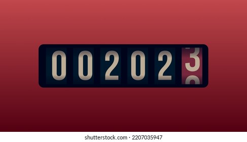 Countdown 2023 numbers in stopwatch, counter style. Happy New Year event poster, greeting card cover, 2023 calendar design, invitation to celebrate New Year and Christmas. Vector illustration