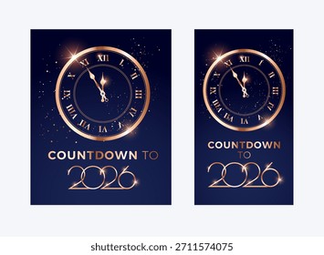 Countdown bis 2026 Neujahr vertikale Hintergründe für Social-Media-Post, Geschichten, E-Mail-Marketing - moderne Vektorgrafik mit klassischer goldener Uhr und letzte Minuten bis Mitternacht