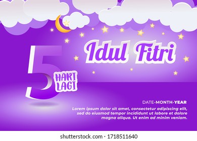Countdown 5 Day for Celebrate Eid Mubarak with cloud, star and moon Ornament Purple Background, Vector Illustration EPS10. Web, Invitation, Flyer