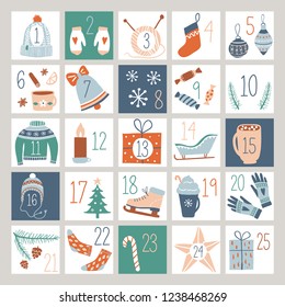 Countdown Advent Calendar or Poster with cute hand drawn design elements. Abstract printable tags collection for Winter Holidays, Merry Christmas, New Year. Vector illustration. 