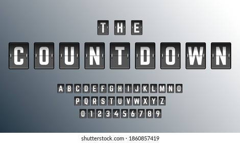 Countdown alphabet font template. Set of letters and numbers airport board design. Vector illustration.