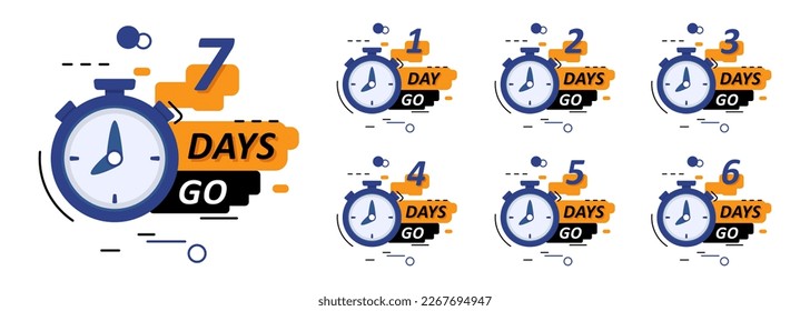 Countdown announcement message days to go with stopwatch in a flat design