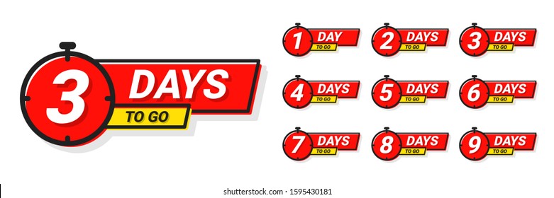Countdown badges. Number of days left to go, from 1 to 9. Countdown left days, stylized counter in red and yellow colors. Vector