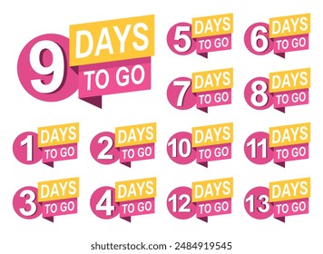 Countdown badges. Number of days left to go, from 1 to 13. Countdown left days, stylized counter in yellow and pink colors vector illustration.