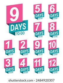Countdown badges. Number of days left to go, from 1 to 12. Countdown left days, stylized counter in yellow and pink colors vector illustration.