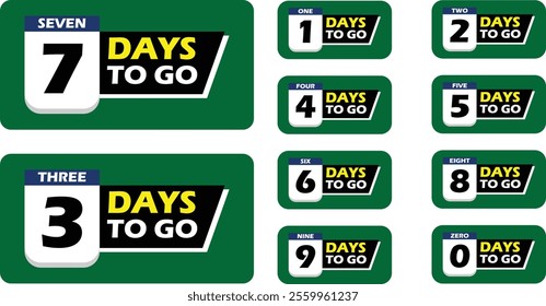 Countdown badges. Number of days left to go, from 0 to 9. Countdown left days, Green Yellow Black Counter Badges