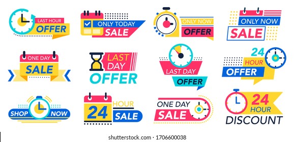 Countdown badges. Sale timer promo stickers, countdown one day sales, 24 hour labels. Last minute offer badge isolated vector illustration set. Discount number timer, promotion offer