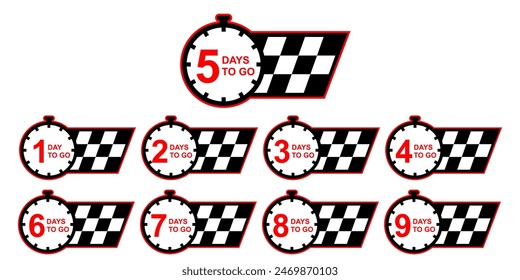 Countdown badges vector. Number of days to go moving motion style, from 1 to 9. Countdown left days, cartoon style in racing flag checkered black white red colors. Printable element. EPS 10. race flag