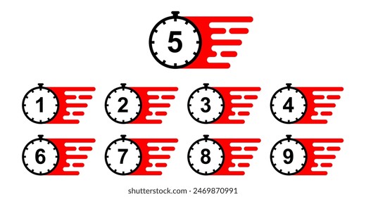 Countdown badges vector. Number of days to go moving motion style, from 1 to 9. Countdown left days, cartoon style in fire red and black colors. Printable element. EPS 10