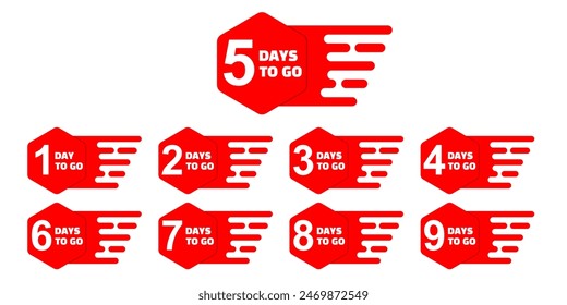 Countdown badges vector. Number of days to go moving motion style, from 1 to 9. Countdown left days, cartoon style in white and red colors. Printable element. EPS 10