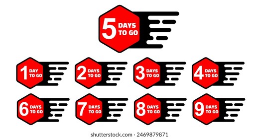 Countdown badges vector. Number of days to go moving motion style, from 1 to 9. Countdown left days, cartoon style in black and red colors moving. Printable element. EPS 10. hexagon badge days to go