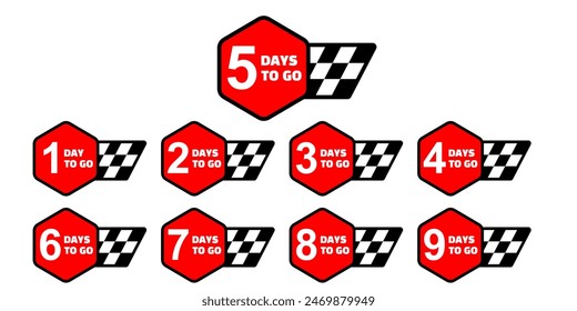 Countdown badges vector. Number of days to go moving motion style, from 1 to 9. Countdown left days, cartoon style in black and red colors checkered racing flag. Printable element. EPS 10