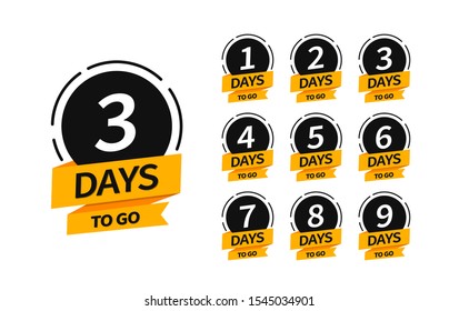 Countdown banners. One, two, three, four, five, six, seven, eight, nine of days left to go. Count time sale. Flat badges, stickers, tag, label. Number 1, 2, 3, 4, 5, 6, 7, 8, 9 of days left to go.