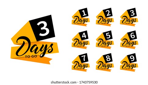 Countdown banners. One, two, three, four, five, six, seven, eight, nine of days left to go. Count time sale. Flat badges, stickers, tag, label. Number 1, 2, 3, 4, 5, 6, 7, 8, 9 of days left to go.