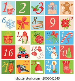 Countdown calendar to Christmas with cartoon characters and symbols. Birds, Gnome, Santa Claus hat, gift, postcard, animals, sweets, mitten, socks. Christmas poster. Winter Holidays Design Elements.