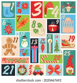 Countdown calendar to Christmas with cartoon characters and symbols. Birds, Gnome, Santa Claus hat, gift, postcard, animals, sweets, mitten, socks. Christmas poster. Winter Holidays Design Elements.