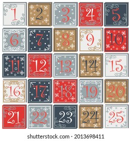 Countdown calendar to Christmas with Christmas tree, balls, mistletoe, decor. Christmas poster. Winter Holidays Design Elements.