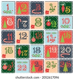 Countdown calendar to Christmas with Christmas tree, balls, mistletoe, decor. Christmas poster. Winter Holidays Design Elements.