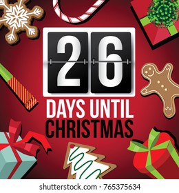 Countdown to Christmas flip number advent calendar with flat lay Christmas items. EPS 10 vector illustration. Day 26.