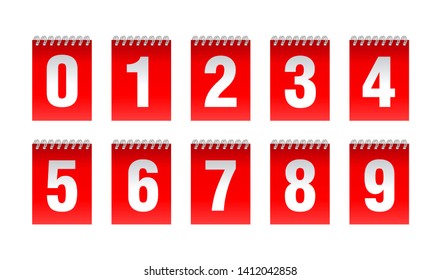 Countdown clock with binding spring - vector digits - red counter timer, time remaining count down scoreboard in flip board with different digits from 0 to 9