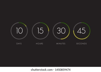 Countdown clock counter timer. Vector digital count down circle board with circle time pie diagram.