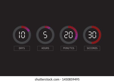 Countdown clock counter timer. Vector digital count down circle board with circle time pie diagram.