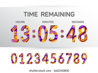 Countdown clock counter timer vector template for website. Papercut style time remaining count down scoreboard. Paper cut 3D multi layers numbers, figures. Time remained to the event with seconds.