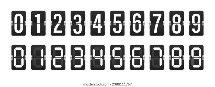 Countdown clock counter timer. Vector icon on white background. Collection of mechanical flip countdown numbers.Timer, scoreboard. Flip board with black numbers in retro style. Vector illustration