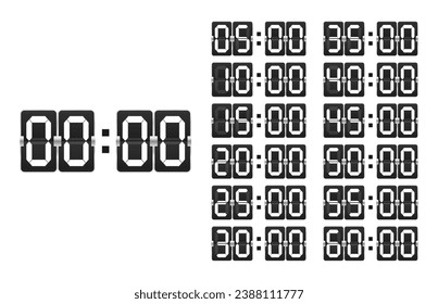 Countdown clock counter timer. Vector icon on white background. Collection of mechanical flip countdown numbers.Timer, scoreboard. Flip board with black numbers in retro style. Vector illustration