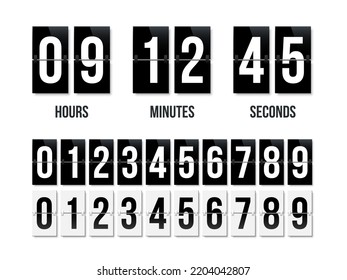 Countdown clock display with black and white nubers set. Vector date counter flip board isolated on white bacground.