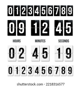 Countdown clock display with black and white nubers set. Vector date counter flip board isolated on white bacground.