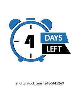 Countdown clock icon. Blue and black. 4 Days Left text. Vector illustration.