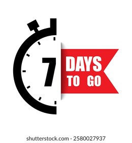 Countdown clock illustration. Number seven emphasis. 7 days to go text. Red banner vector.