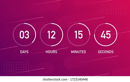 Countdown clock on minimal purple geometric background. Dynamic shapes composition. Abstract. Vector illustration.