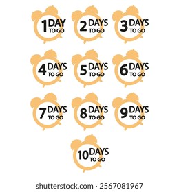 Countdown clock set. Number one to ten. Yellow alarm timer. Vector illustration.