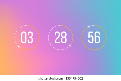 Countdown clock timer on soft gradient background. Modern counter with white numbers. Remaining count down with hours, minutes and seconds. Vector illustration.