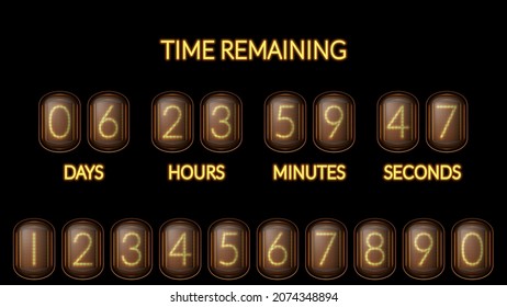Countdown counter in the form of retro radio tubes. Countdown board of remaining time with day, hour, minute and second scoreboards. Vacuum incandescent bulbs.	