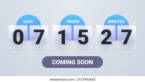 Countdown counter vector template. Glass coming soon social media timer element