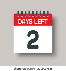 Icono de calendario de página diaria de cuenta atrás - quedan 2 días. El día del vector. Aplicación de agenda, fecha límite de negocio, fecha. Recordatorio, programe un pictograma simple. Cuenta regresiva para la venta, promoción