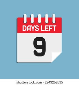 Icono de calendario de página diaria de cuenta atrás - 9 días a la izquierda. El día del vector. Aplicación de agenda, fecha límite de negocio, fecha. Recordatorio, programe un pictograma simple. Cuenta regresiva para la venta, promoción