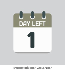 Countdown daily page calendar icon - 1 day left. Vector number day to go. Agenda app, business deadline, date. Reminder, schedule simple pictogram. Countdown for sale, promotion