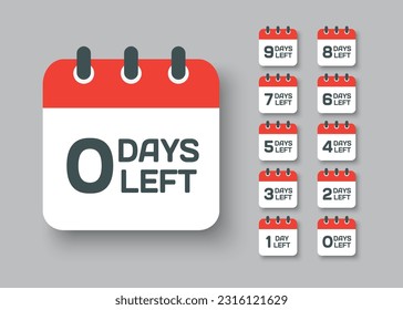 Countdown daily page calendar icon - 0 days left. Vector number day to go. Agenda app, business deadline, date. Reminder, schedule simple pictogram. Countdown for sale, promotion