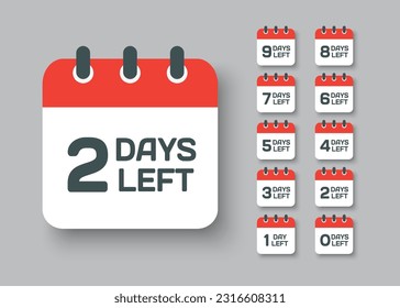 Countdown daily page calendar icon - 2 days left. Vector number day to go. Agenda app, business deadline, date. Reminder, schedule simple pictogram. Countdown for sale, promotion