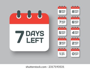 Countdown daily page calendar icon - 7 days left. Vector number day to go. Agenda app, business deadline, date. Reminder, schedule simple pictogram. Countdown for sale, promotion