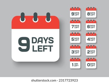 Countdown daily page calendar icon - 9 days left. Vector number day to go. Agenda app, business deadline, date. Reminder, schedule simple pictogram. Countdown for sale, promotion