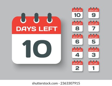 Icono de calendario de página diaria de cuenta regresiva - quedan 10 días. El día del vector. Aplicación de agenda, fecha límite de negocio, fecha. Recordatorio, programe un pictograma simple. Cuenta regresiva para la venta, promoción