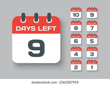 Countdown daily page calendar icon - 9 days left. Vector number day to go. Agenda app, business deadline, date. Reminder, schedule simple pictogram. Countdown for sale, promotion
