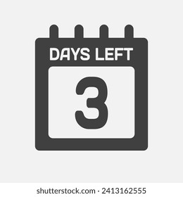Countdown daily page calendar icon - 3 days left. Vector number day to go. Agenda app, business deadline, date. Reminder, schedule simple pictogram. Countdown for sale, promotion