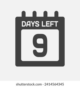 Icono de calendario de página diaria de cuenta atrás - 9 días a la izquierda. El día del vector. Aplicación de agenda, fecha límite de negocio, fecha. Recordatorio, programe un pictograma simple. Cuenta regresiva para la venta, promoción